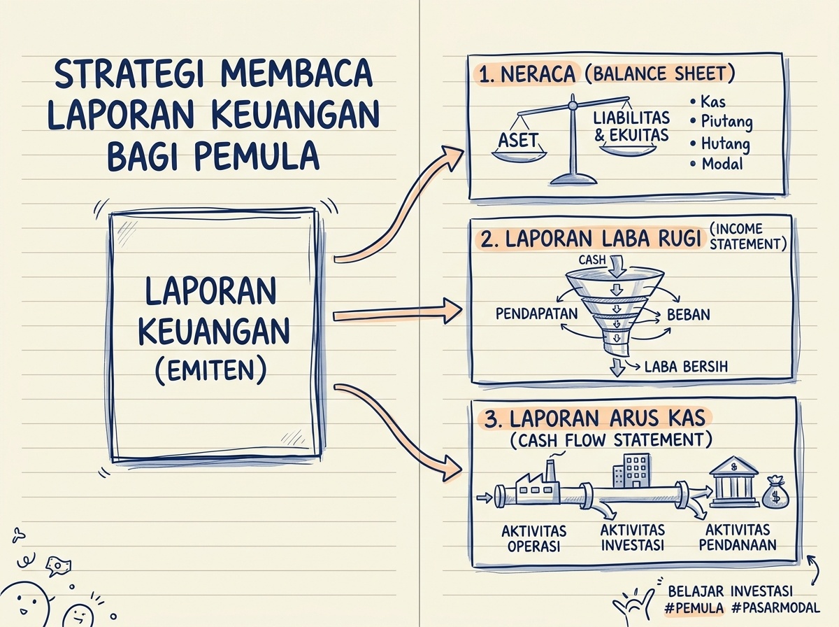 Lembar catatan dengan sketsa kerangka membaca laporan keuangan