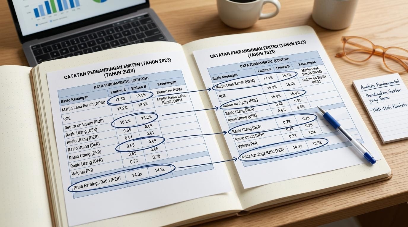 Dua lembar data emiten yang dibandingkan berdampingan di atas meja catatan